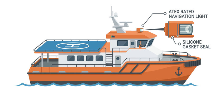 Offshore Support Vessel with Helideck and ATEX Navigation Light Annotation