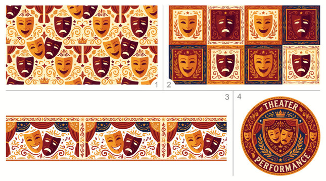 Set of theater mask seamless patterns and circular emblem.