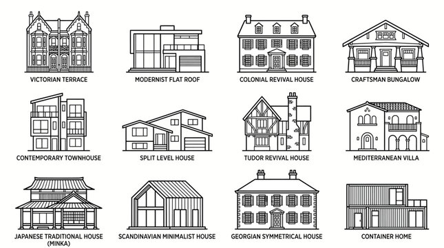 Set of various architectural house styles and building types line art icons.