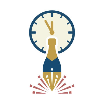 A champagne bottle rocket launching in front of a clock at midnight