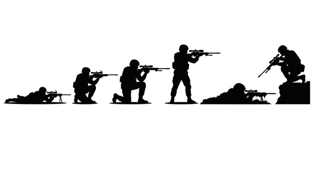 Silhouette collection of military soldiers aiming with sniper rifles.
