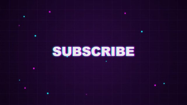 Retro neon subscribe button with glitch effect and floating particles on dark grid background.