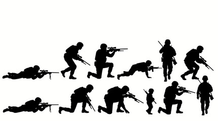 Obraz premium Set of silhouettes of soldiers in various tactical combat positions.