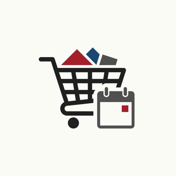 A shopping cart icon next to a calendar representing scheduled delivery