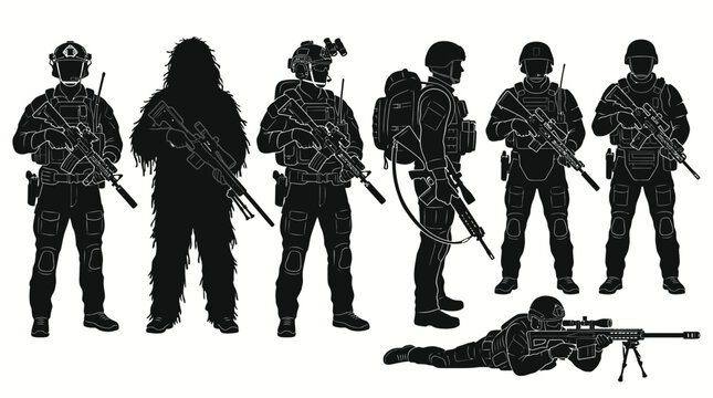Set of silhouettes of soldiers and special forces operators.