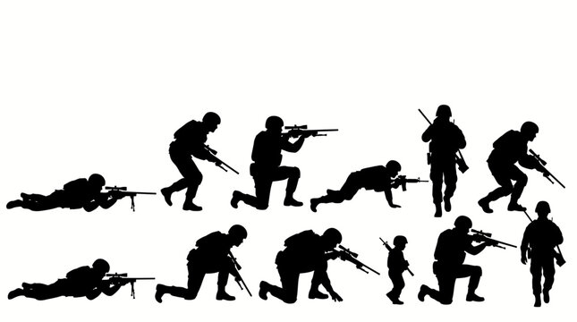 Set of silhouettes of soldiers in various tactical combat positions.