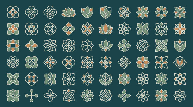 Una vasta collezione di icone floreali e geometriche in stile minimalista con motivi botanici e ornamentali su sfondo verde scuro, ideali per design di loghi e branding creativo.
