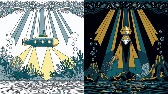 Illustrazione vettoriale stilizzata che mostra un sottomarino che esplora i fondali marini con coralli e vulcani sottomarini in un design artistico a contrasto chiaro e scuro
