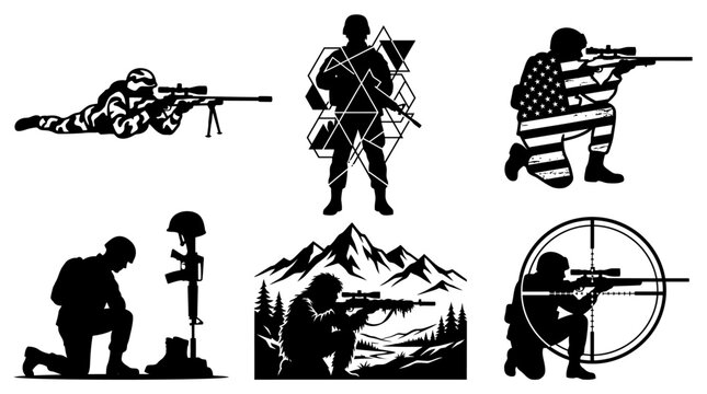 Set of black silhouettes of soldiers and snipers.