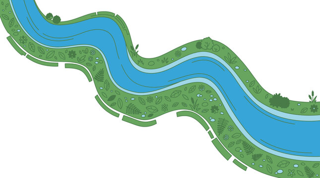 Illustrazione vettoriale piatta di un fiume sinuoso che scorre attraverso un paesaggio naturale verde con piante stilizzate e vegetazione rigogliosa su sfondo bianco isolato