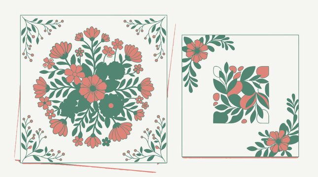 Set di illustrazioni vettoriali con composizioni floreali decorative in stile botanico moderno, caratterizzate da fiori rossi e foglie verdi su sfondo neutro per design eleganti.