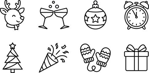 Holiday Icons Collection Featuring Reindeer Champagne Glasses Ornament And Clock Line Art Style celebration christmas icon © akhi