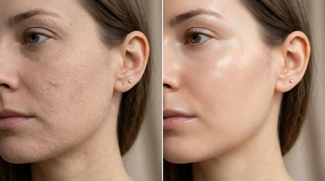 before and after transformation of facial skin showing significant reduction in acne scars and improved skin smoothness and glow