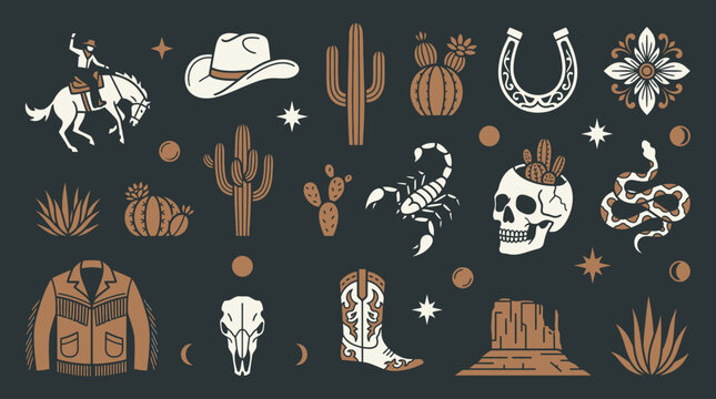 Set di icone in stile boho western con elementi del selvaggio west come cowboy, cactus, teschio, serpente e ferro di cavallo su sfondo scuro, perfetto per design grafici e decorazioni.