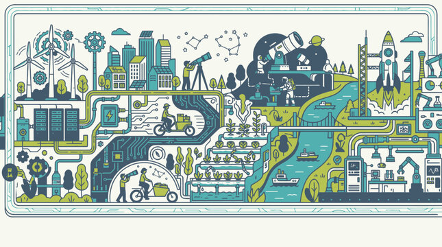 Szczeg&oacute;łowa ilustracja wektorowa przedstawiająca nowoczesne miasto przyszłości z technologią, energią odnawialną, rolnictwem miejskim, eksploracją kosmosu i zautomatyzowaną produkcją przemysłową.