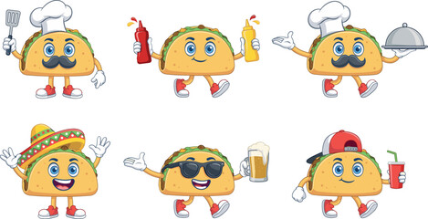 Obraz premium Funny Taco Mascot Cartoon Character Set Wearing Chef Hat, Sombrero, Sunglasses, Holding Mustard, Ketchup, Beer, and Soda Cups for Mexican Restaurant Vector Designs