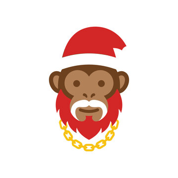 A cute cartoon monkey wearing a Santa hat and a gold chain