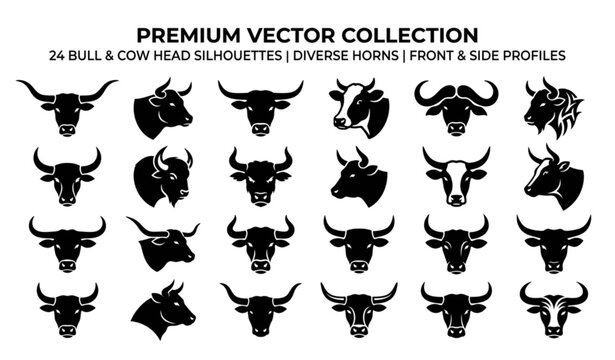 Bull and Cow Head Silhouette Collection with Prominent Horns