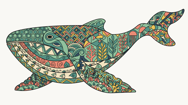 Illustrazione artistica di una balena decorata con motivi geometrici tribali e dettagli floreali colorati su uno sfondo neutro, perfetta per design creativi e decorazioni.