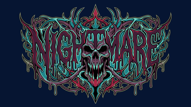 Mroczna ilustracja z napisem Nightmare oraz przerażającą czaszką w stylu death metal, ozdobiona skomplikowanymi, ściekającymi ornamentami i mrocznymi detalami na ciemnym tle.