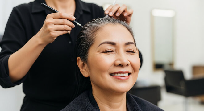 Happy Mature Asian Woman Getting Hair Dye Treatment at Professional Beauty Salon to Cover Gray Roots, Hairstylist Applying Color with Brush on Scalp