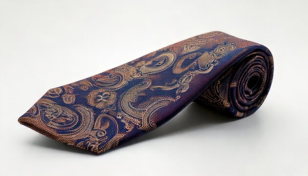 Rolled paisley patterned necktie in shades of blue and brown.