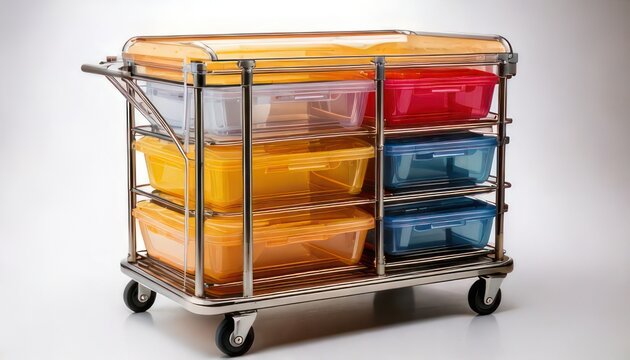 Rolling Storage Cart with Colorful Bins for Organization and Transport.