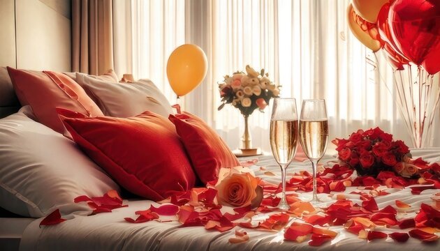 Romantic Bedroom Scene with Champagne, Roses, and Balloons.