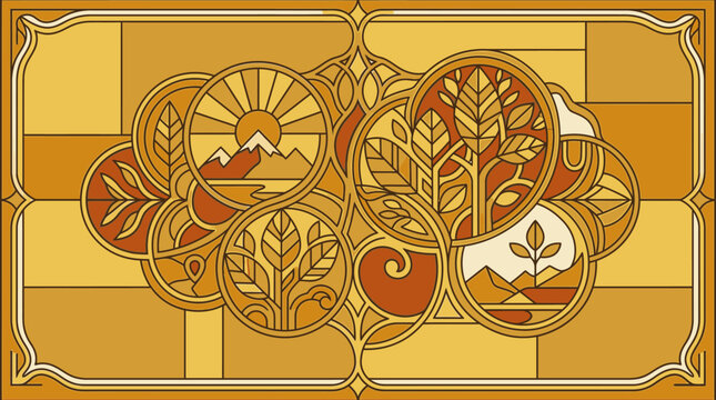 Illustrazione in stile art nouveau con motivi geometrici e floreali, raffigurante paesaggi stilizzati, montagne e foglie in una palette di colori caldi ocra, arancione e marrone.
