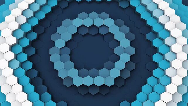 Abstract background with 3D blue and white hexagonal tiles arranged in concentric circles.