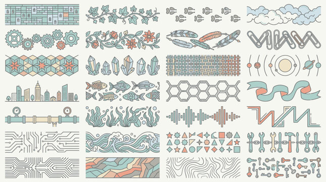 Set di bordi decorativi vettoriali con vari motivi grafici stilizzati, icone geometriche, elementi naturali, simboli tecnologici e disegni lineari per design creativo e progetti di layout