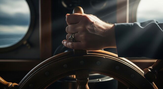 Sailor hands steering wooden ship wheel at sea.