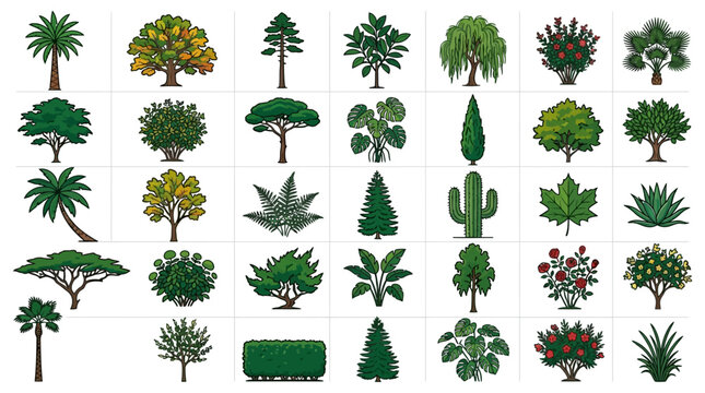 Una collezione di diverse illustrazioni di alberi e piante in stile cartone animato, disposte in una griglia.