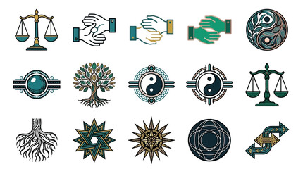 Naklejka premium Zestaw ikon ezoterycznych i duchowych przedstawiających symbole równowagi, drzewo życia, yin yang, wagi sprawiedliwości oraz geometryczne wzory w stylu płaskiego designu na białym tle