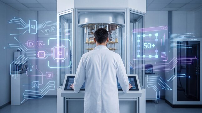 Scientist in white coat operating quantum computer interface, futuristic laboratory, artificial intelligence research, holographic display, advanced technology, innovation concept