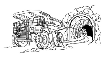 Heavy mining dump truck exiting underground tunnel, industrial heavy machinery illustration. © Tani