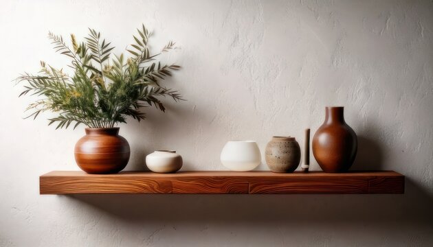 Rustic shelf with decorative vases and greenery against a textured wall.