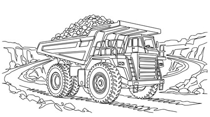 Mining Dump Truck Carrying Rocks on a Winding Road - Black and White Line Art © Tani