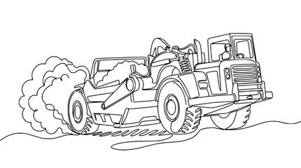 Continuous line drawing of a scraper vehicle loading dirt, industrial machinery, construction equipment © Tani