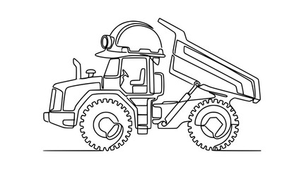 Obraz premium Construction Dump Truck with Hard Hat Icon, Continuous Line Drawing