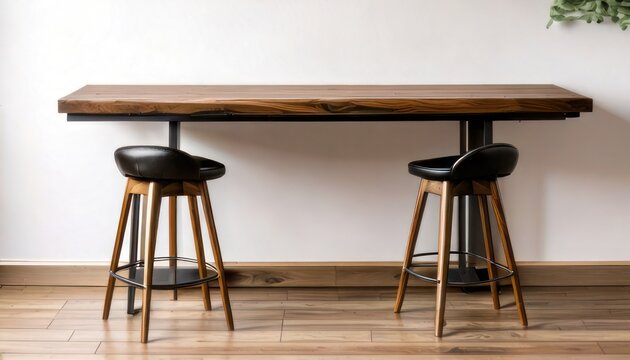 Rustic Wooden Bar Table with Two Black Stools.