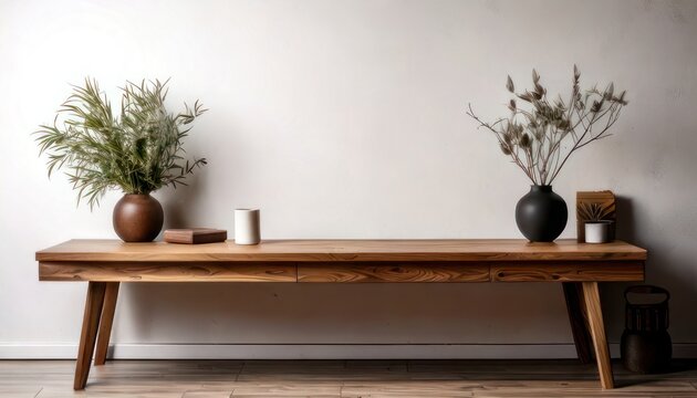 Rustic Wooden Bench with Floral Arrangements and Minimalist Decor.