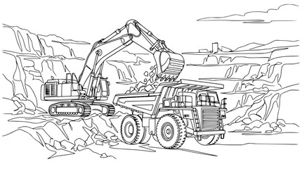 Excavator Loading Rocks into Mining Dump Truck in Quarry Line Drawing © Tani
