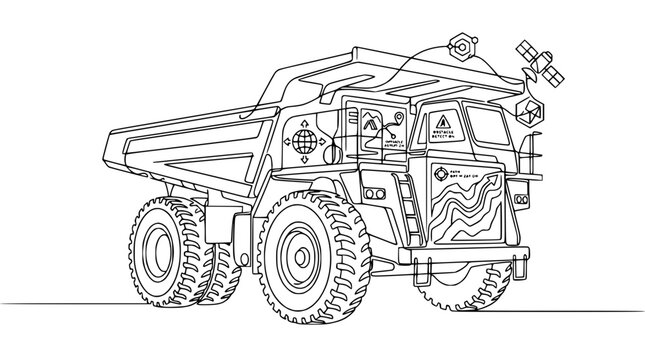 Autonomous Mining Truck with Satellite Navigation System - Line Art