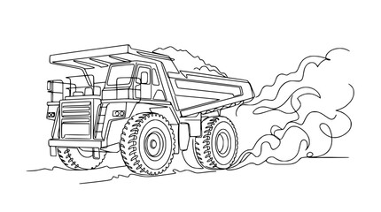 Heavy-duty mining dump truck hauling dirt, emitting exhaust fumes, line art illustration © Tani