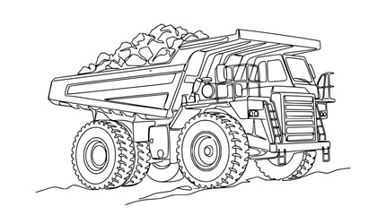 Heavy Duty Mining Dump Truck Loaded with Rocks, Line Art © Tani