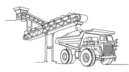 Mining Dump Truck Loading Gravel From Conveyor Belt, Industrial Line Art Illustration © Tani