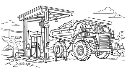 Large Mining Dump Truck Refueling at a Gas Station with Miner © Tani