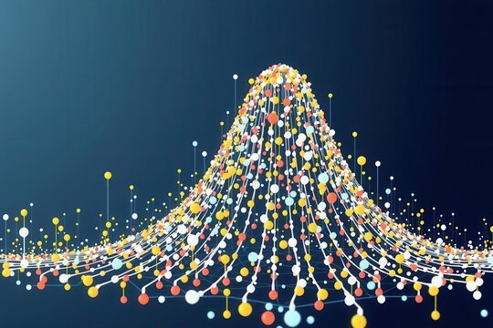 Glowing data points arranged in a bell-shaped curve on dark background