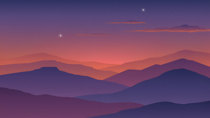 Fototapeta premium Layered mountain range illustration with a gradient sunset sky and two visible stars mountains hills landscape scenic purple pink
